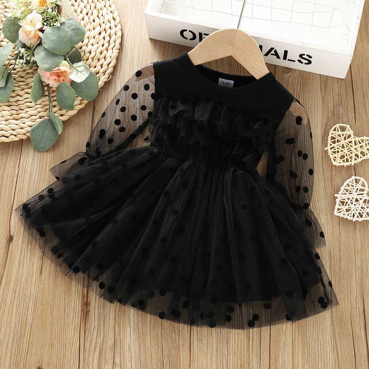 New Girls Dress Spring Polka Dot Mesh Stitching Long Sleeve Princess Dresses Autumn Black Little Girl Costume Z250214