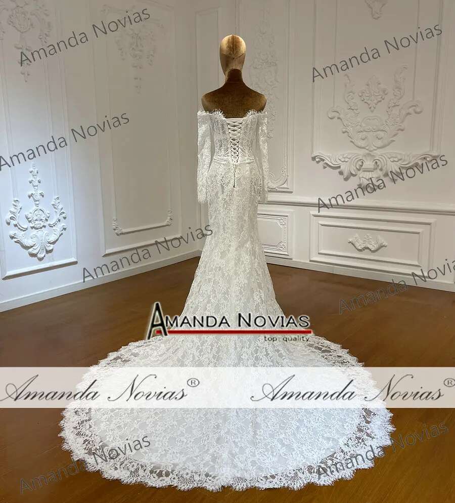 Custom Off Shoulder Long Sleeve Lace Full Belt Skirt Mermaid Wedding Dress