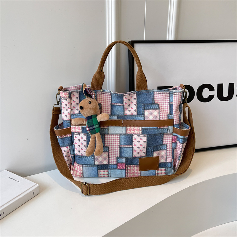 Bag Large Capacity Denim Canvas Tote Bag, Women's New Fashionable And Versatile Single Shoulder Ins Stylish Splicing Crossbody Bag