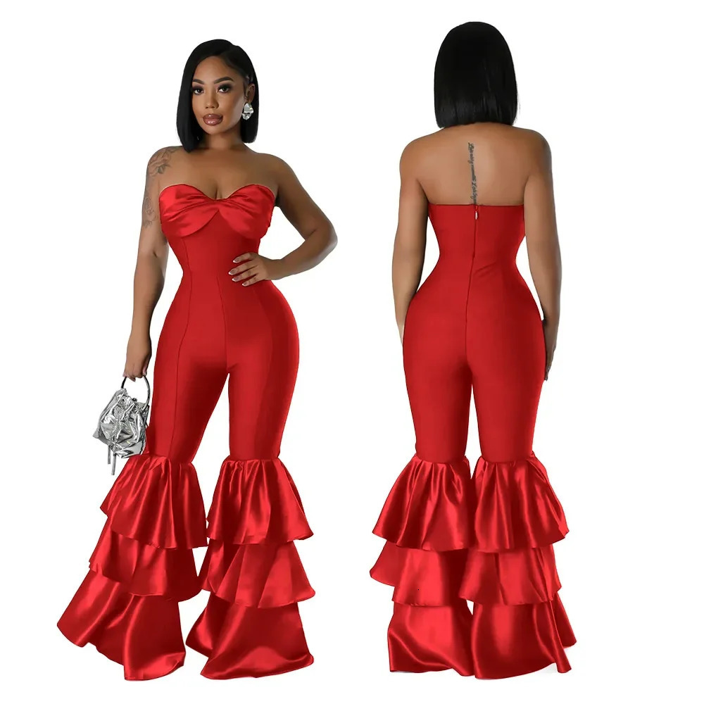 Jumpsuits Strapless Women Sleeveless Sexy Rompers One Piece Overalls Slim Fit Long Pant Ruffles Patchwork Elegant Lady 250213