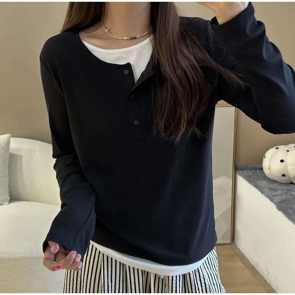 Women's Front Double Layers Henry Shirt Casual Long Sleeve Crew Neck Tunic Basic Fall Tops Black T-Shirts