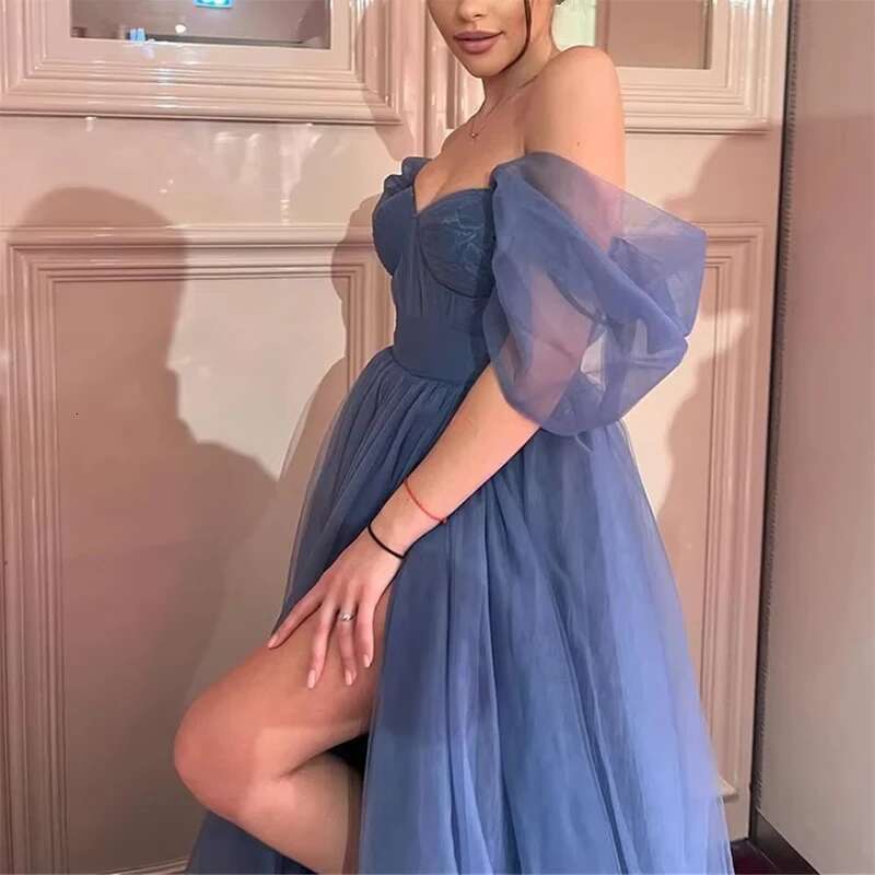 Blue Off the shoulder Formal Evening Dresses Women Side Slit Tulle Birthday Party Prom Gowns Customized vestidos de fiesta