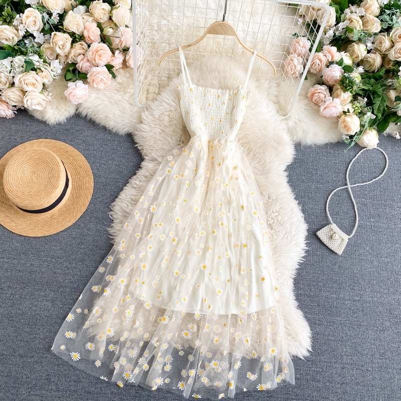 YuooMuoo Korean Fashion Daisy Flower Print Mesh Party Dress Summer Two Layers Spaghetti Strap Vacation Midi Beach Vestidos 250207