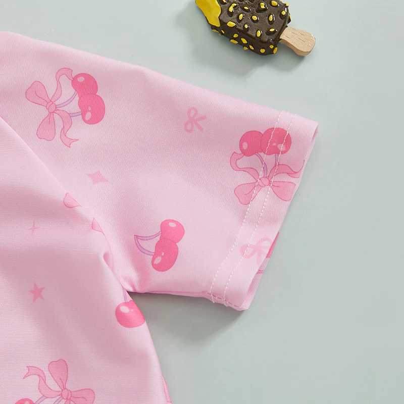 Toddler Girl Rash Guard Swimsuit Cherry/Bow Print Zipper Short Sleeve Zip Up Bathing Suit Z250214