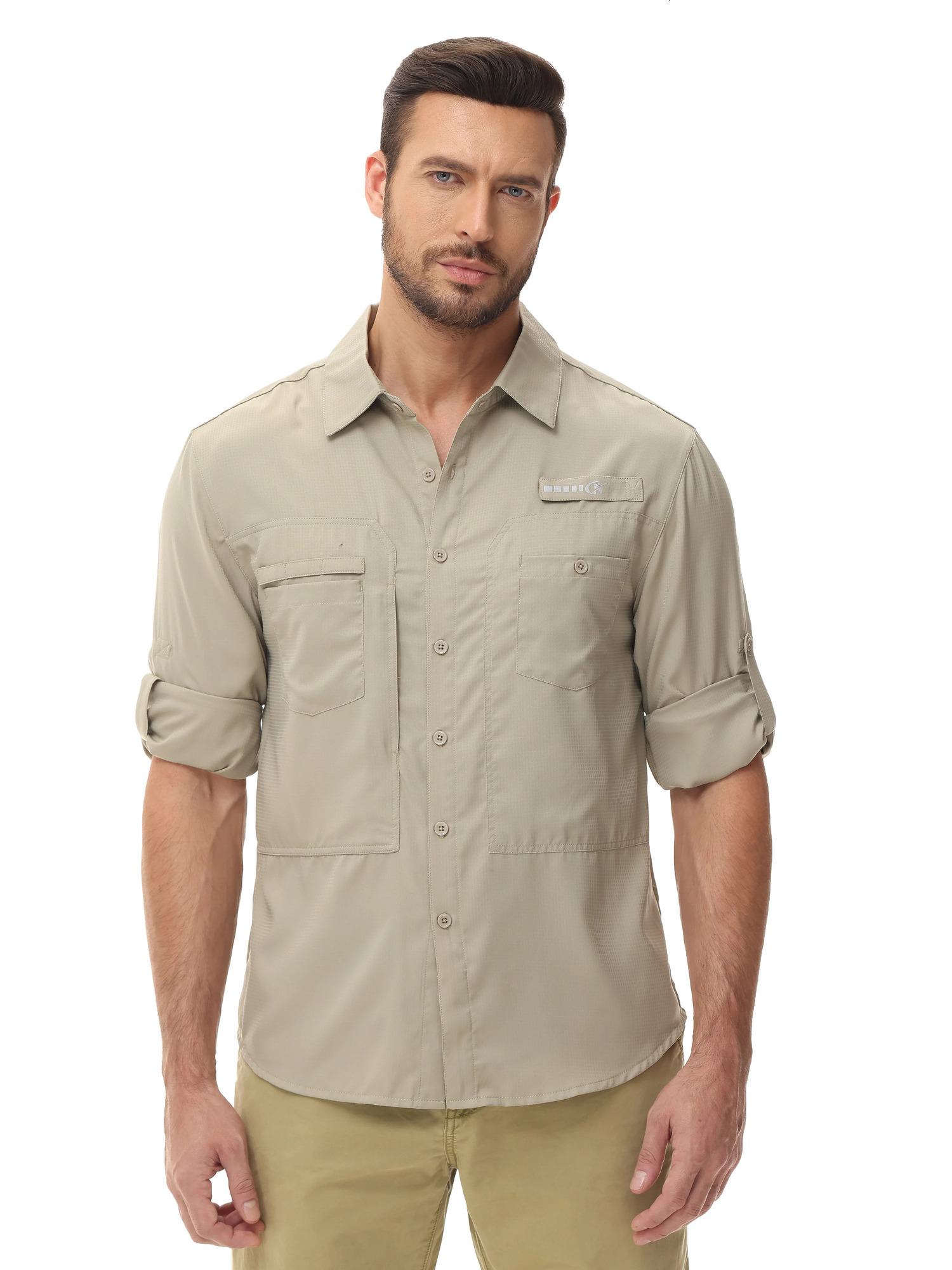 Mens breathable fishing shirt foldable sleeves UPF 50casual hiking cargo shirt buttons shirt zipper pocket 250211