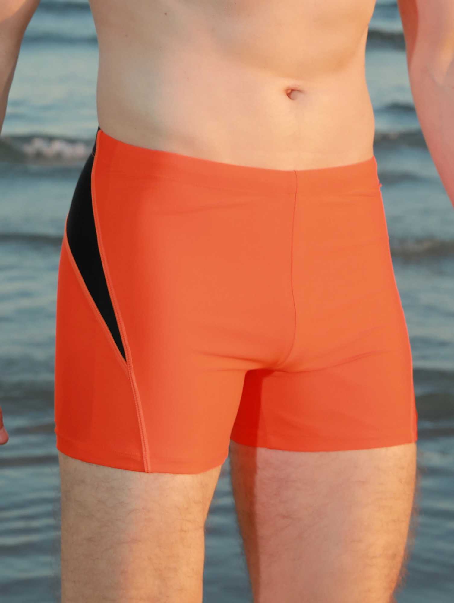 Mens sports tight fitting swimsuit flat corner solid color decal compared to classic style - elastic swimsuit W250214