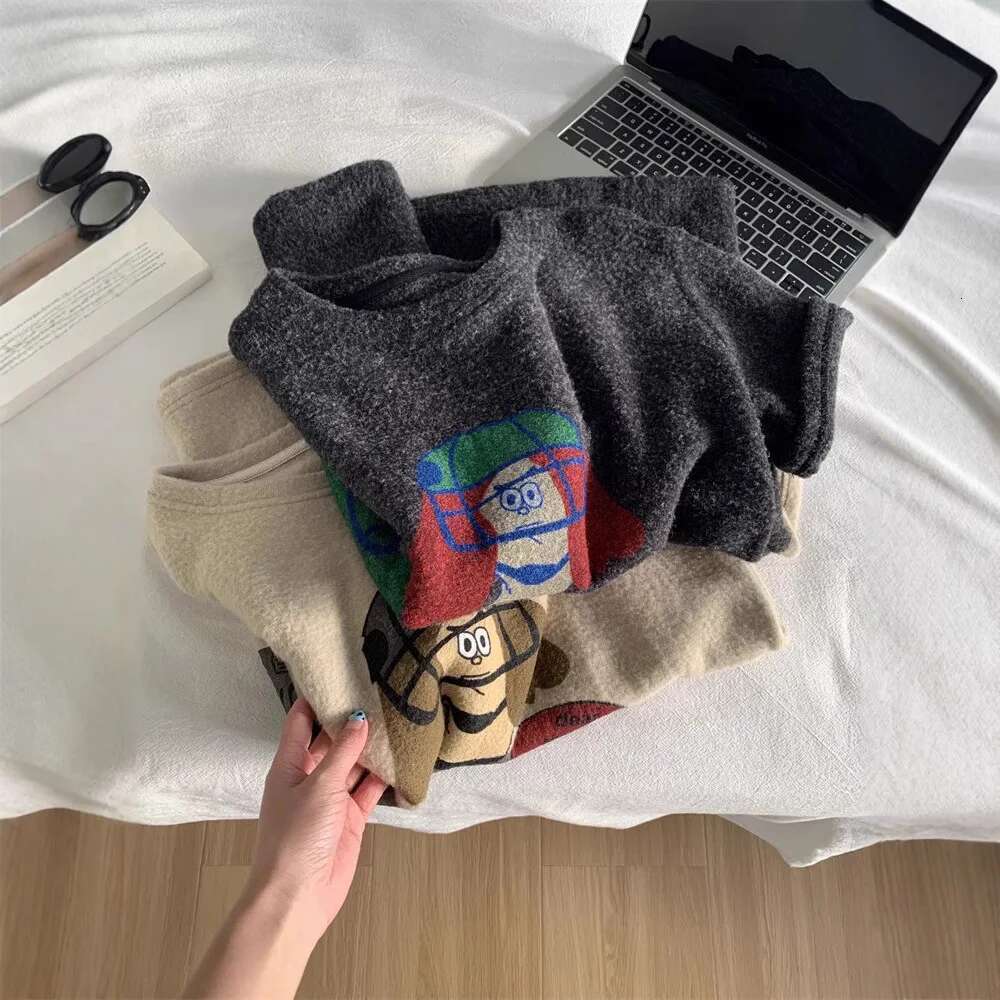 Cartoon Printed Double-Sided Brushed Short Sleeved For Women Spring, Thickened, Loose Tops