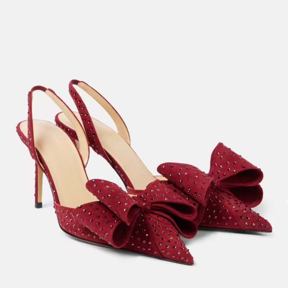 Womens slingbacks sandal Stiletto Heel Dress Shoes Hot pressed crystal lace high heels Silk Bow pointed toe Evening shoes luxury designer high heels
