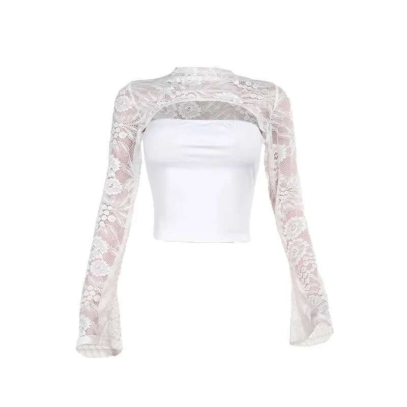 2025 New Fashionable Women's Clothing Sexy Mesh Perspective Lace Splicing Trumpet Sleeves Slim Fit Hollow Out Spicy Girl