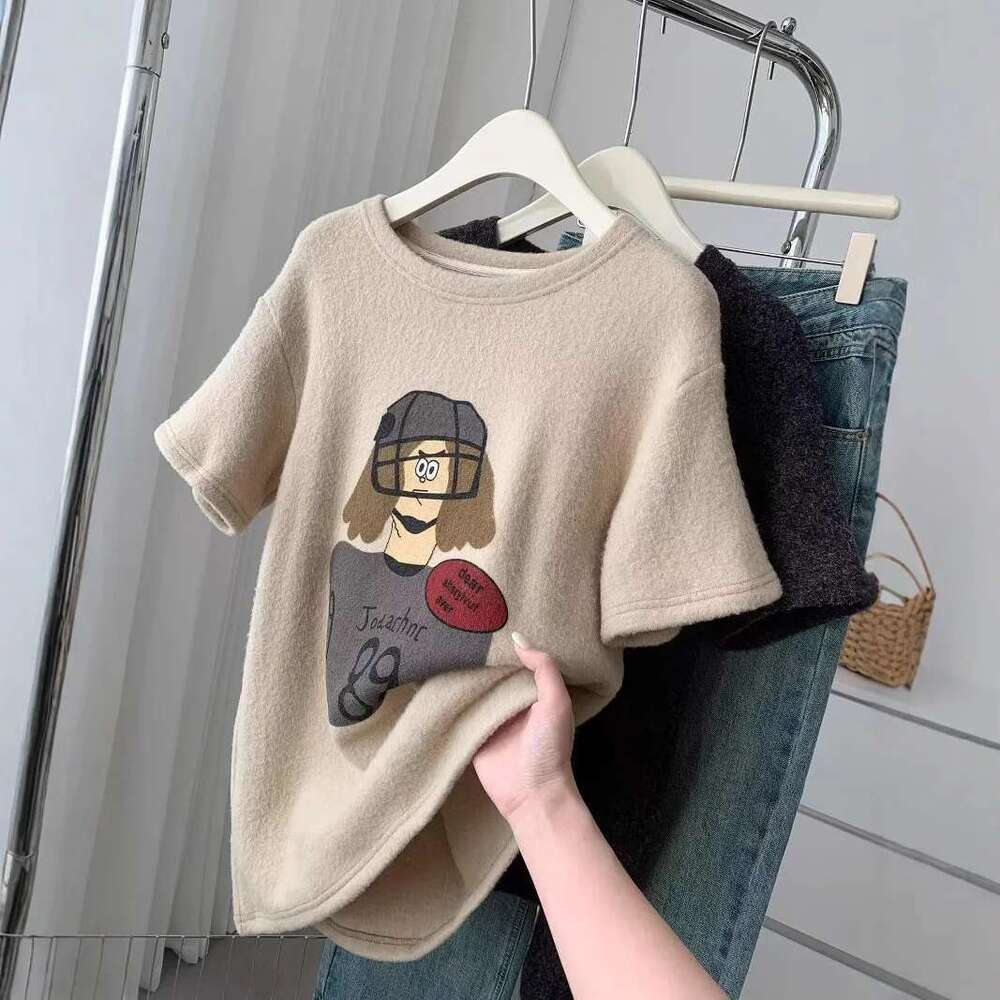 Cartoon Printed Double-Sided Brushed Short Sleeved For Women Spring, Thickened, Loose Tops