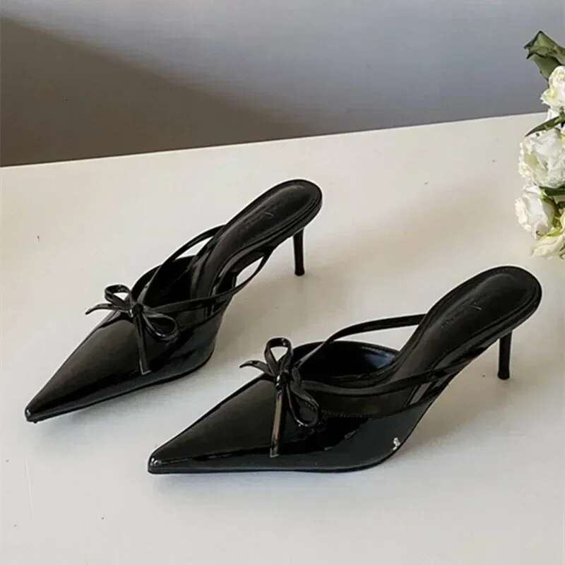 Elegant Thin High Heel Slide Sandals Fashion Butterfly-Knot Pointed Toe Women Slippers Sexy Party Dress Shoes Heels