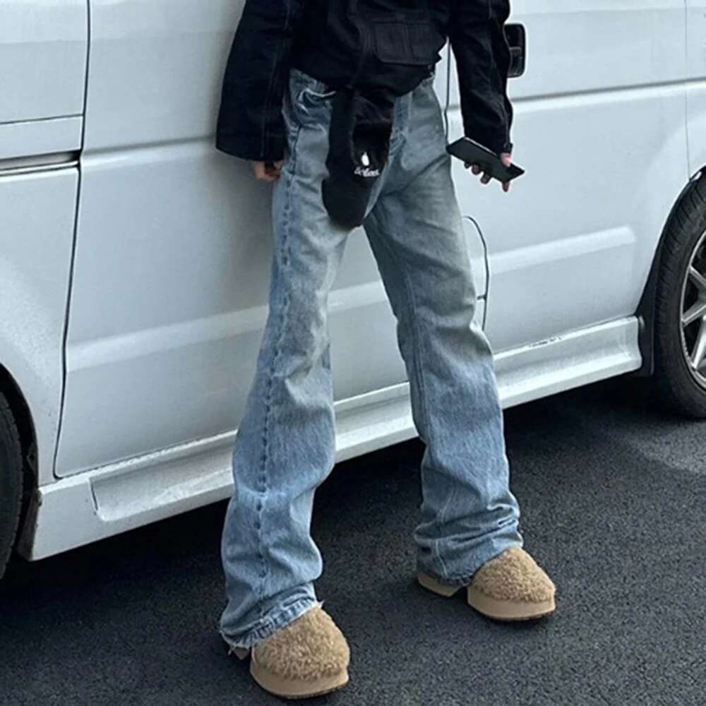 Haruku Streetwear Washed Vintage Solid Jeans Men's Y2k Straight Baggy Flare Pants Unisex Oversized Casual Denim Trousers