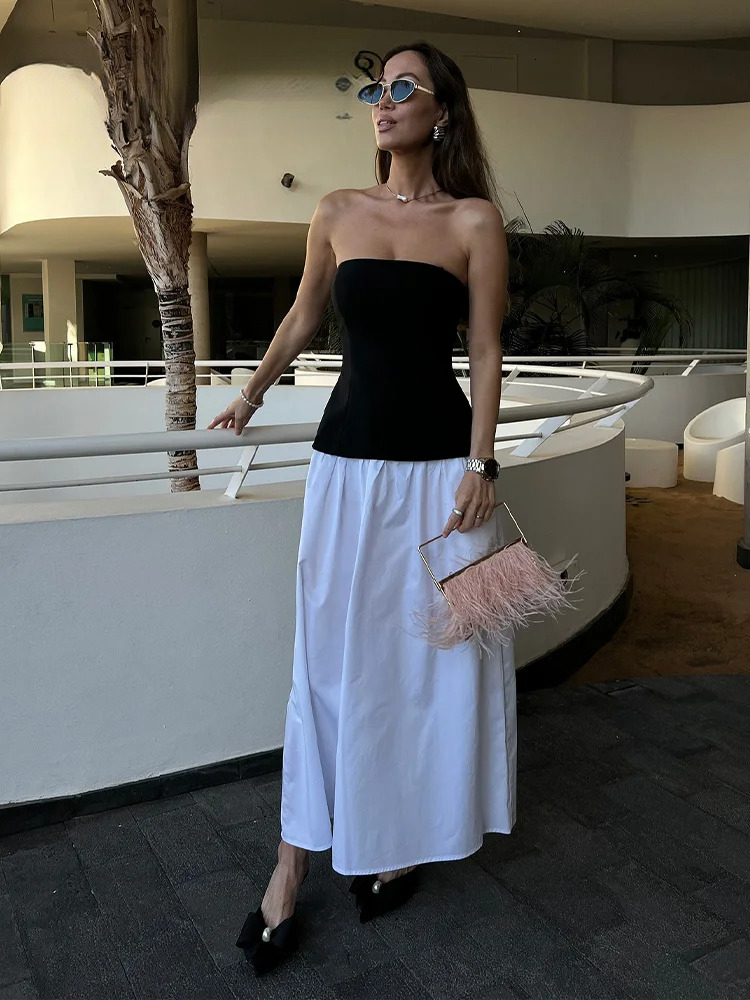 2025 Woman's Summer Vacation Style Long Black Strapless Zipper Dress Woman Fashion White Elegant Slim Dresses