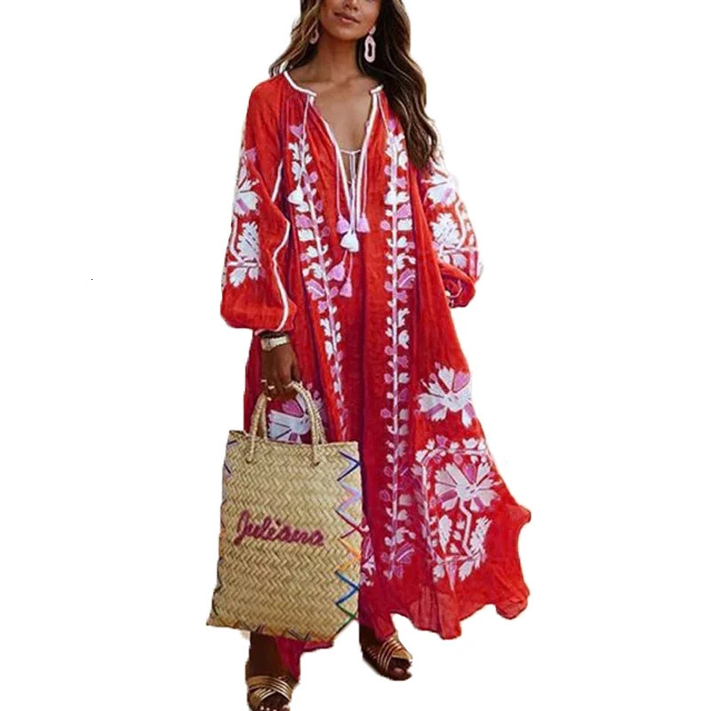 Womens Maxi Dress Boho Print Lace Up Long Sleeve Dress V-neck Loose Fashion Bohemian Beach Vintage Ruffle Hem Print Dresses 250213