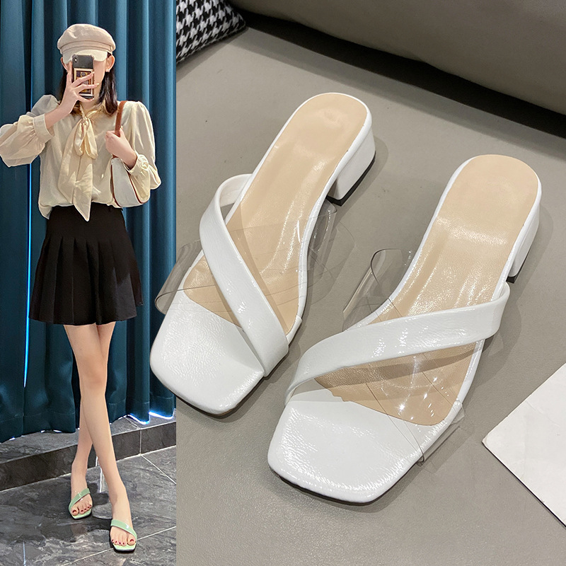 Women Slippers Simple Casual Style Versatile Chunky Heel Plus Size Triple Black White Green Free shipping