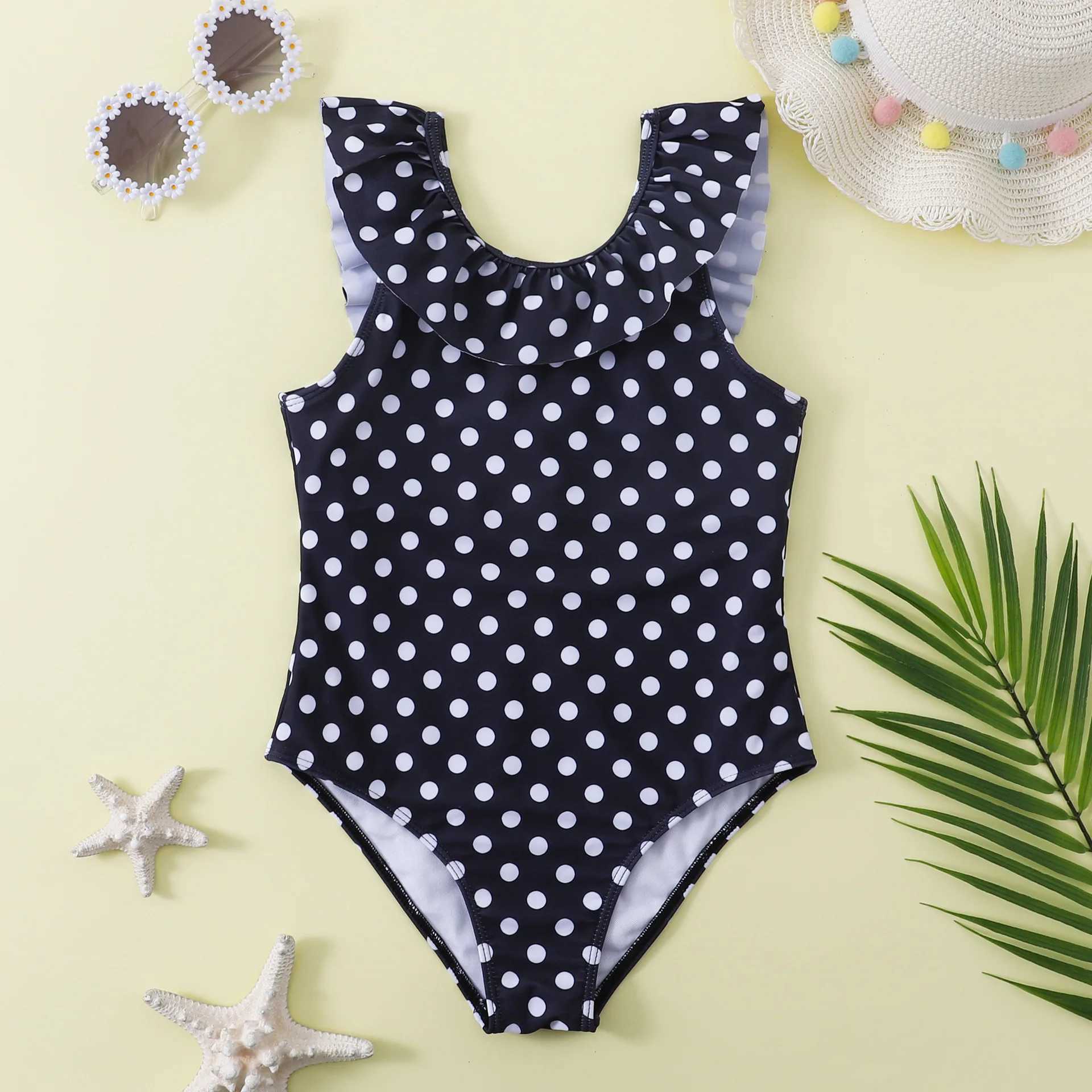 Retro Teenage Girls One Piece Swimsuit 7-12 Years Kids Polka Dot Print Swim Suit Ruffled Swimwear Beachwear Bathing Suits Summer Z250214
