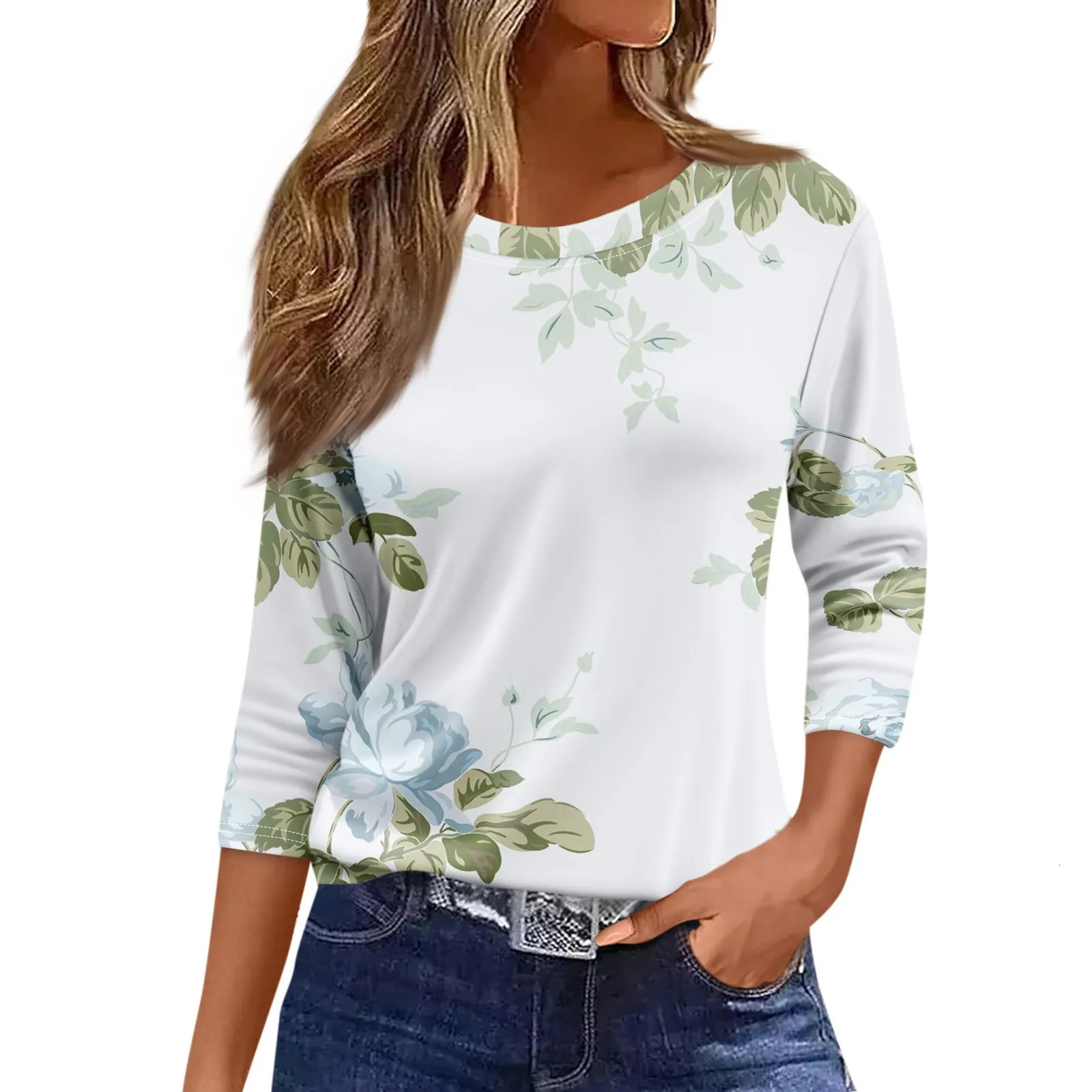 Summer Top WomenS Fashion Casual Round Neck 34 Sleeve Loose Printed TShirt Ladies Ropa Aesthetic 250211