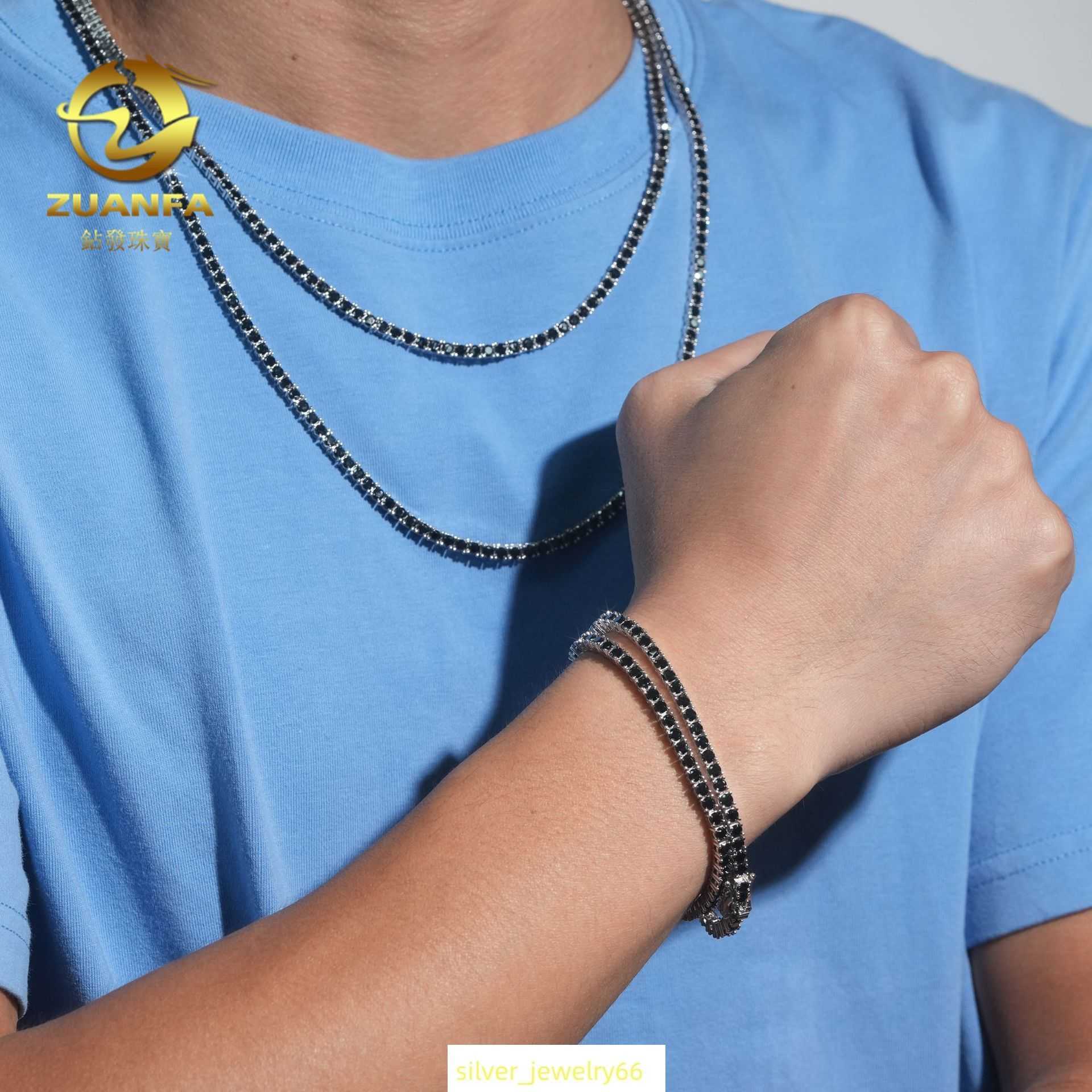 3mm 925 silver inlaid black moissanite single row tennis necklace hip-hop accessories can be tested with diamond pens