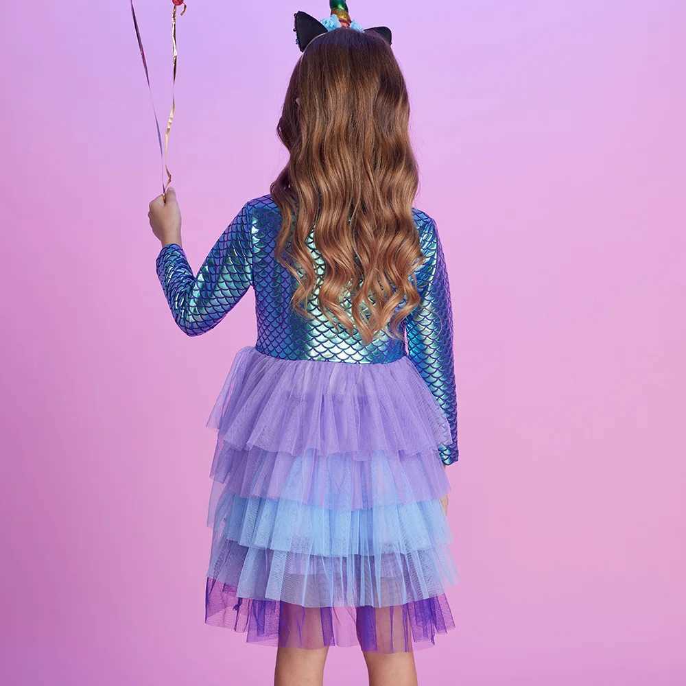 VIKITA Girls Mermaid Print Dress Kids Layered Mesh Tulle Cake Ball Gown Tutu Dresses Girl Par Performance Princess Dress 3-12Y Z250214