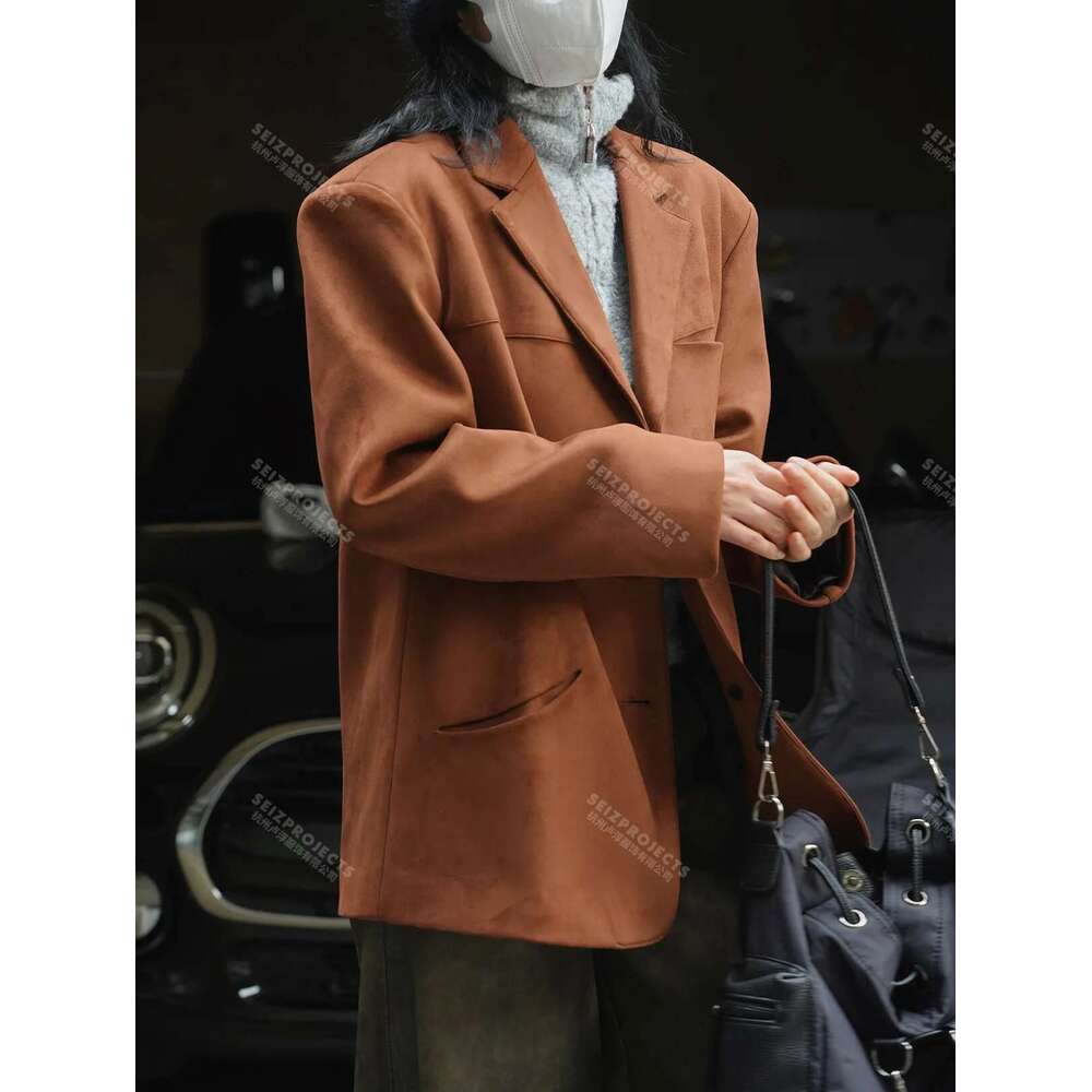 Winter Curved Pocket Oversized Blazer Suede Jacket Brown Green Loose Straight Coat For Women