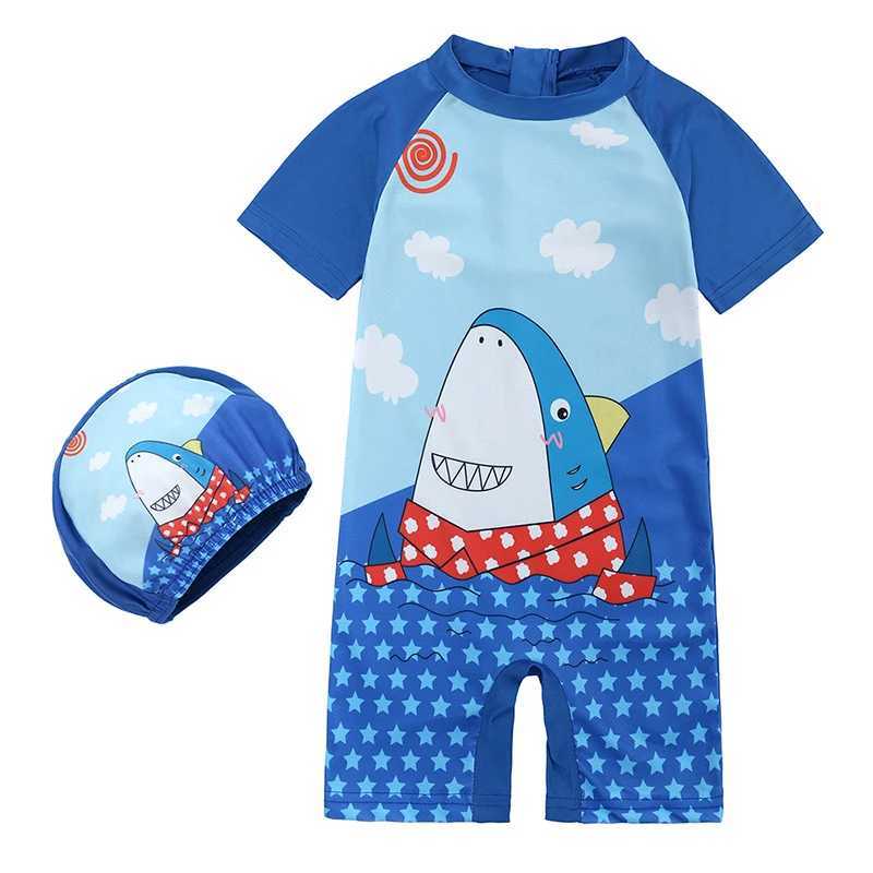 Newborn Baby Infant Boys Swimsuit with Hat Dinosaur Print Short Sleeve Round Neck Half Zipper Girl Jumpsuit Bathing Suit Z250214