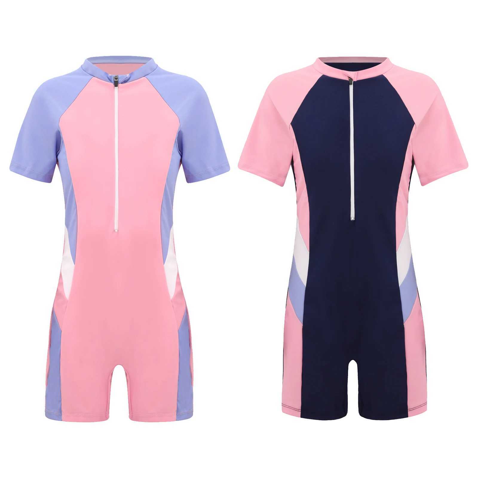 Kids One-piece Swimsuit Short Sleeve Zipper Jumpsuit Surfing Bathing Suit Girls Sport Swimwear Pool Beach Rash Guard Z250214