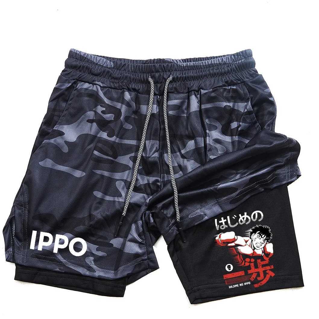 Anime IPPO Print 2 in 1 Compression Shorts for Men Athletic Performance Gym Shorts with Pockets Quick Dry Fitness Workout BoxingXJ250213
