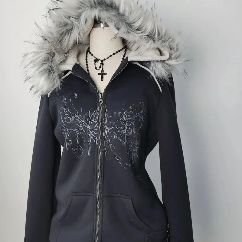 Y2K Gothic Diamond Printed Fur Collar Zip Hoodie Women Retro Millennium Girl Slim Warm Harajuku Korean Street Casual 250213