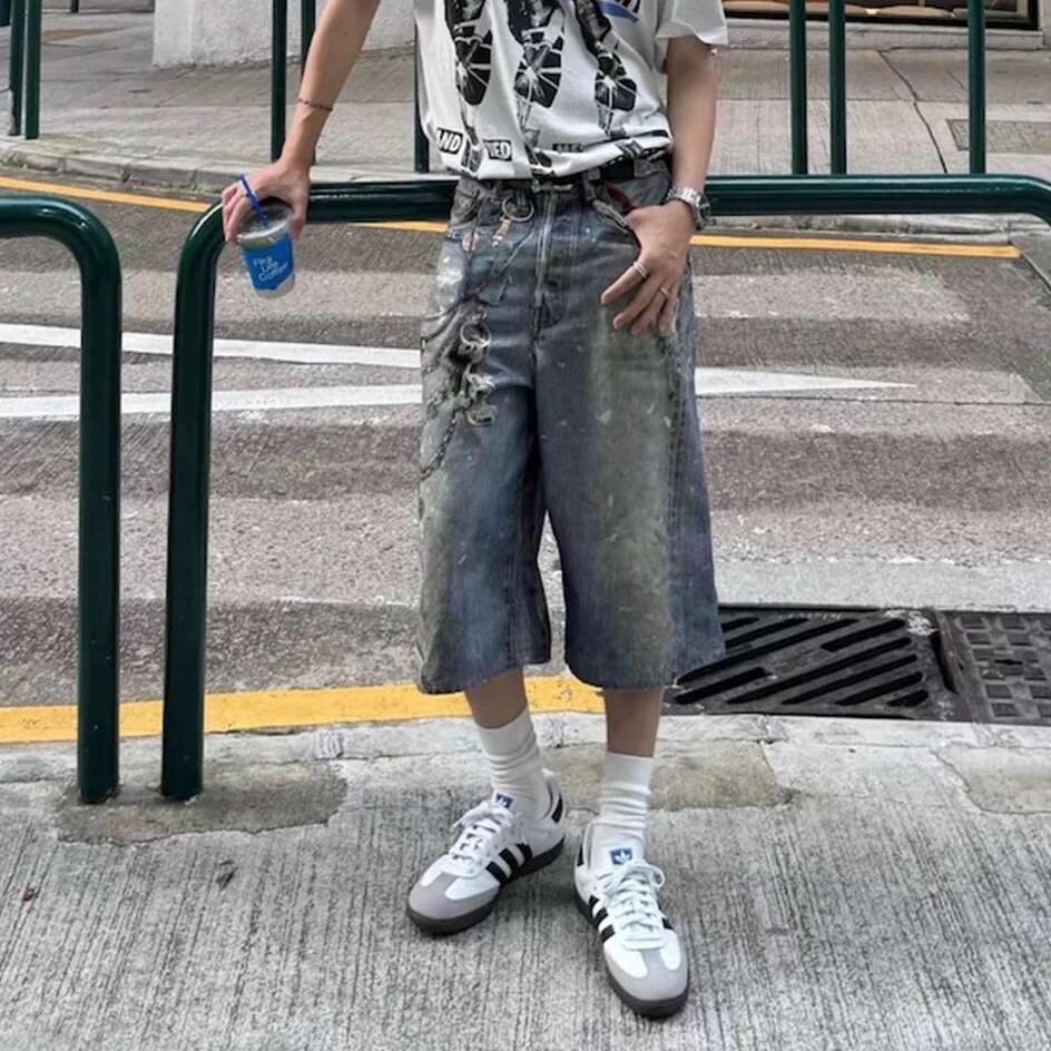 3D Print Baggy Jeans Shorts For Men Streetwear New Summer Wide Leg Patchwork Casual Loose Knee Length Pants Oversized