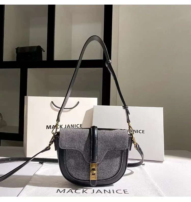 Autumn Winter Denim Textured Leather Half Moon Women's Handbag Fashion Shoulder Messenger Lady Purse Female Casual Bag