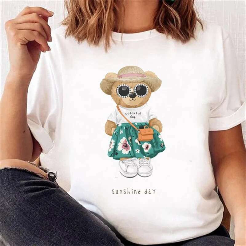Cute Bear Trend Style Plus Size T-Shirt Women Short Sleeve Printed Pattern Top Casual Summer Spring Clothes