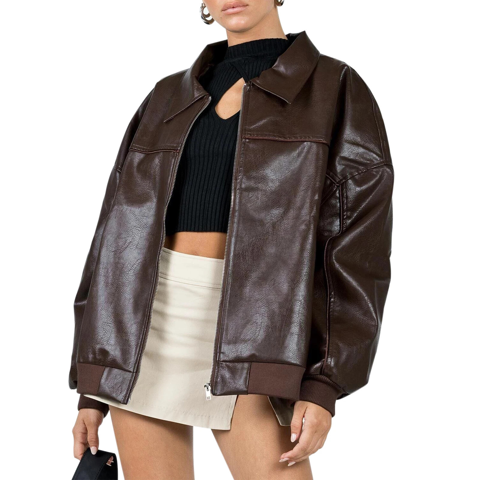 Women Pu Leather Biker Jacket Fashion Casual Long Sleeves Zip up Outwear Autumn Winter Oversized Jacket Coats Streetwear 250213