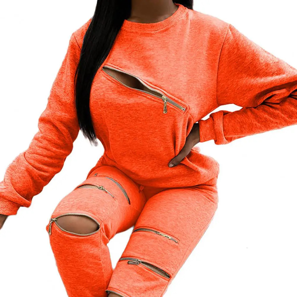 Fashion Zipper Hollow Out Two-Piece Set Autumn Tracksuit Women Elegant O-Neck Tops Casual Long Pants Ladies Suits 250213