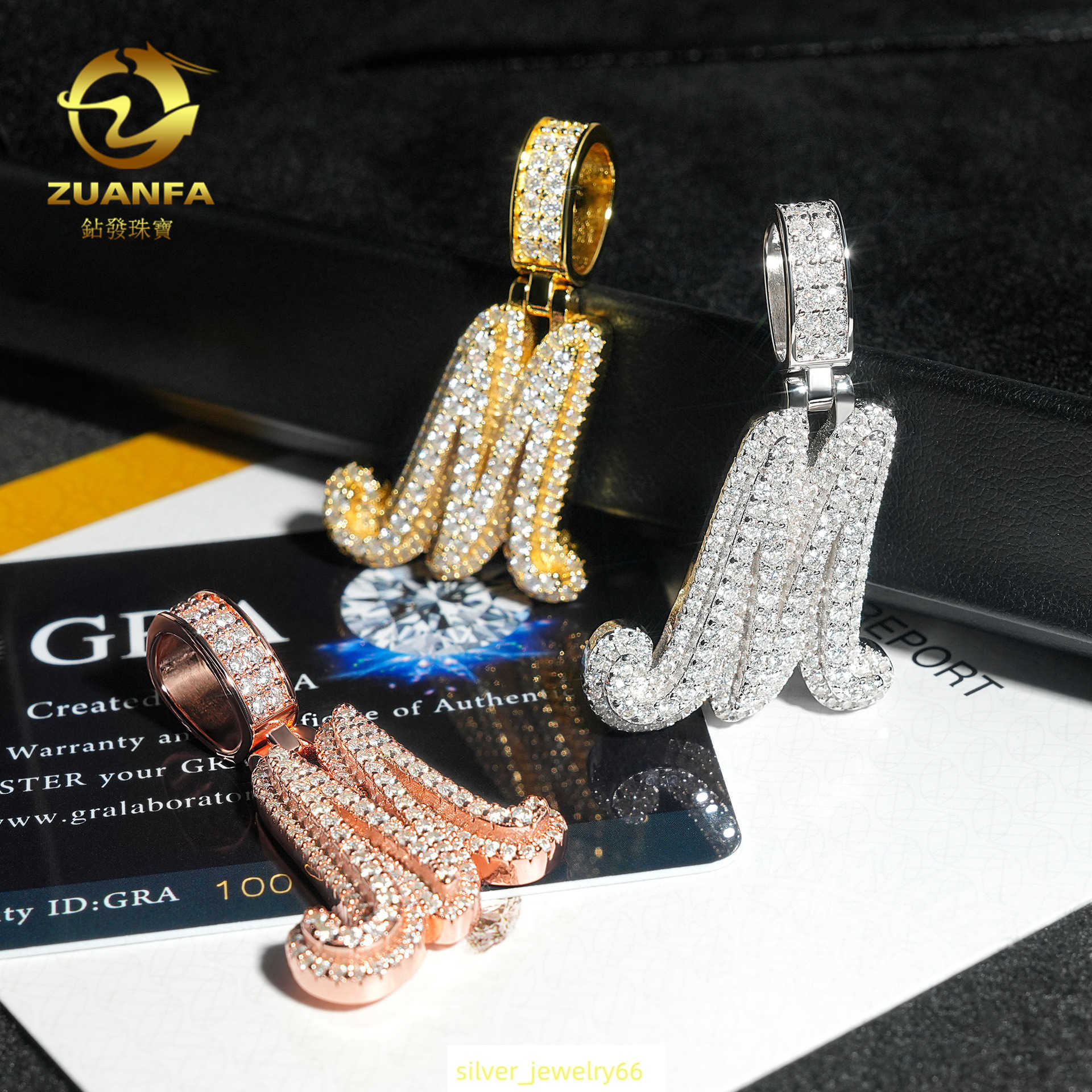 Diamond hair hot selling new letter M hip-hop pendant 925 silver moissanite GRA certificate pendant can be tested with diamond pen