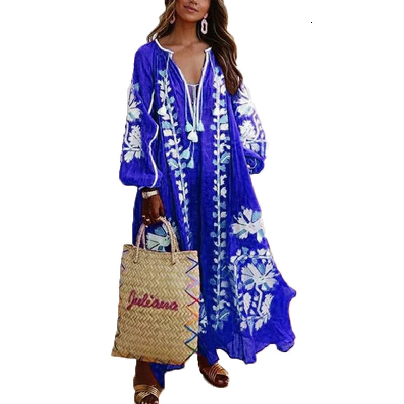 Womens Maxi Dress Boho Print Lace Up Long Sleeve Dress V-neck Loose Fashion Bohemian Beach Vintage Ruffle Hem Print Dresses 250213
