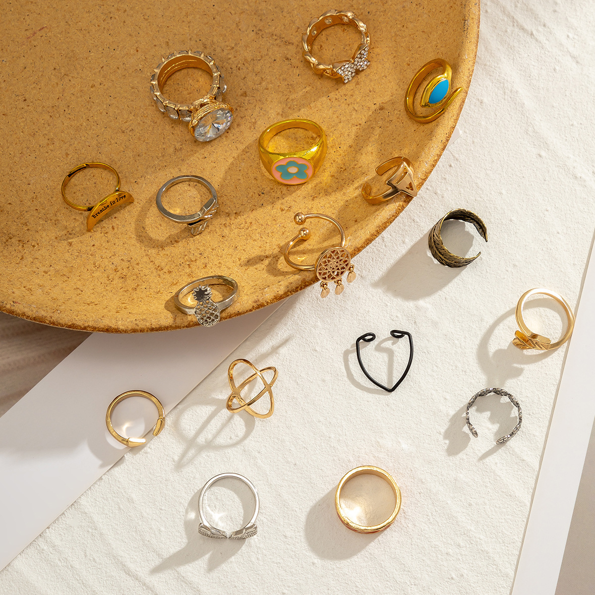 fashion Turquoise Flower Index Finger Set Joint Cold Wind Star Moon Leaf Water Diamond Ring Woman