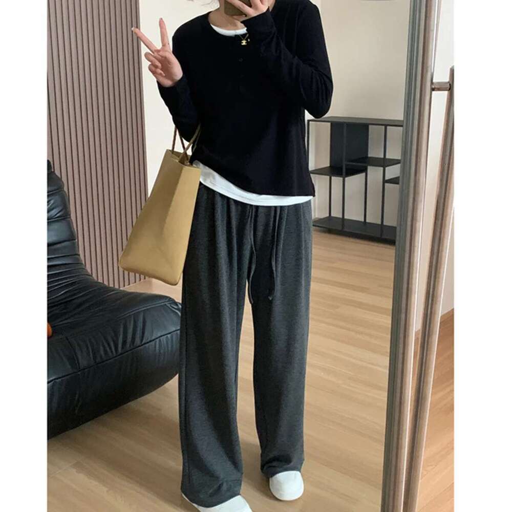 Women's Front Double Layers Henry Shirt Casual Long Sleeve Crew Neck Tunic Basic Fall Tops Black T-Shirts