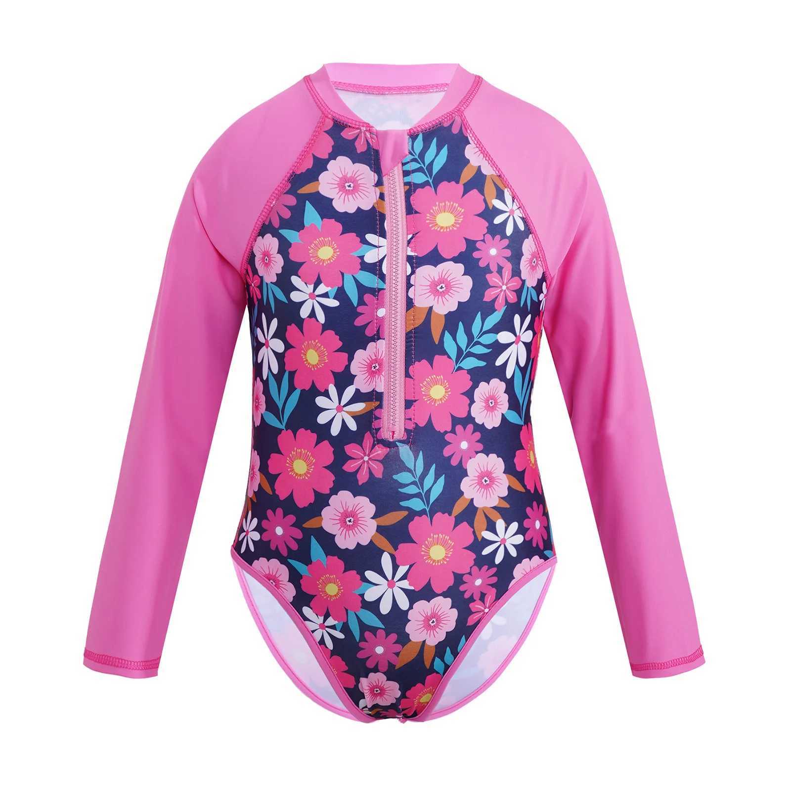 Kids Girls One-piece Swim Suits Brazilian Beachwear Long Sleeves Palm Printed Zippered Swimsuit Swimwear Bathing Suit Rash Guard Z250214