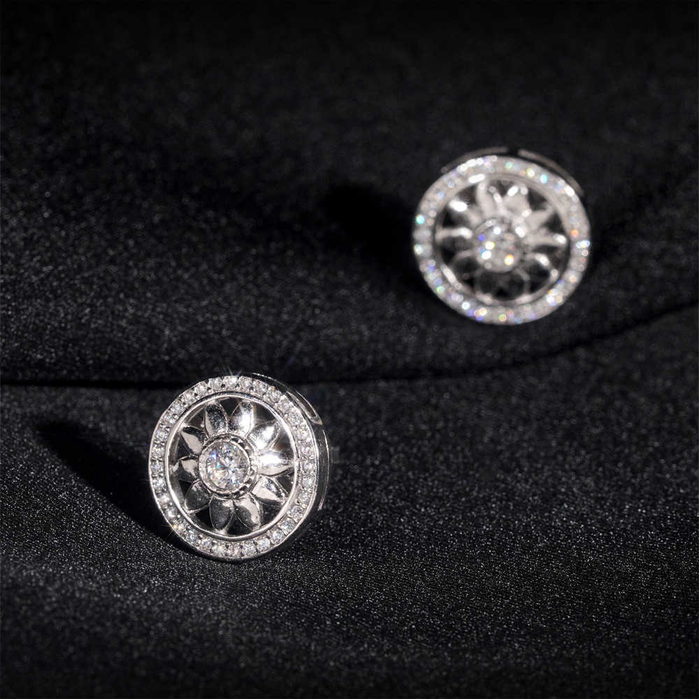 Hip hop new 925 silver ear studs vv vs moissani unique round flower earrings for men and women