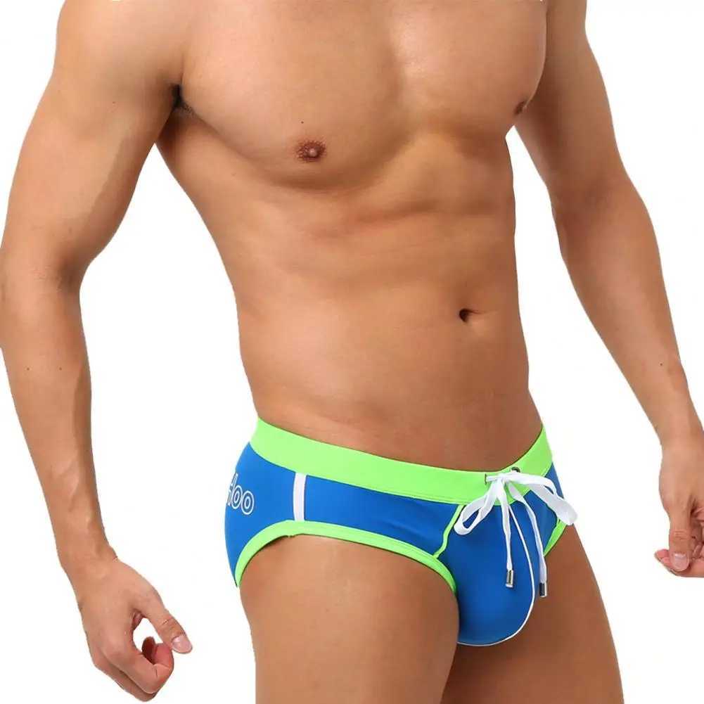 Simple Line Print Swimwear Mens Quick-drying Patchwork Color Swimming Briefs for Beach Surfing Push-up Swimwear with Breathable W250214