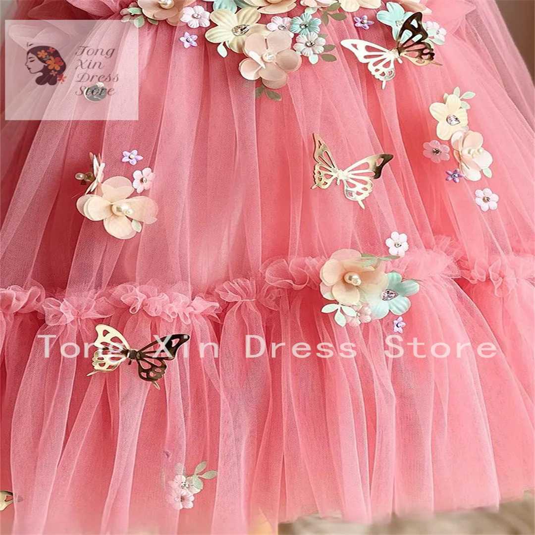 New Arrival Flower Girls For Weddings Pink Handmade Flowers Tiered Floor Length Kids Prom Dresses Wedding Par Dress Vestidos Z250214