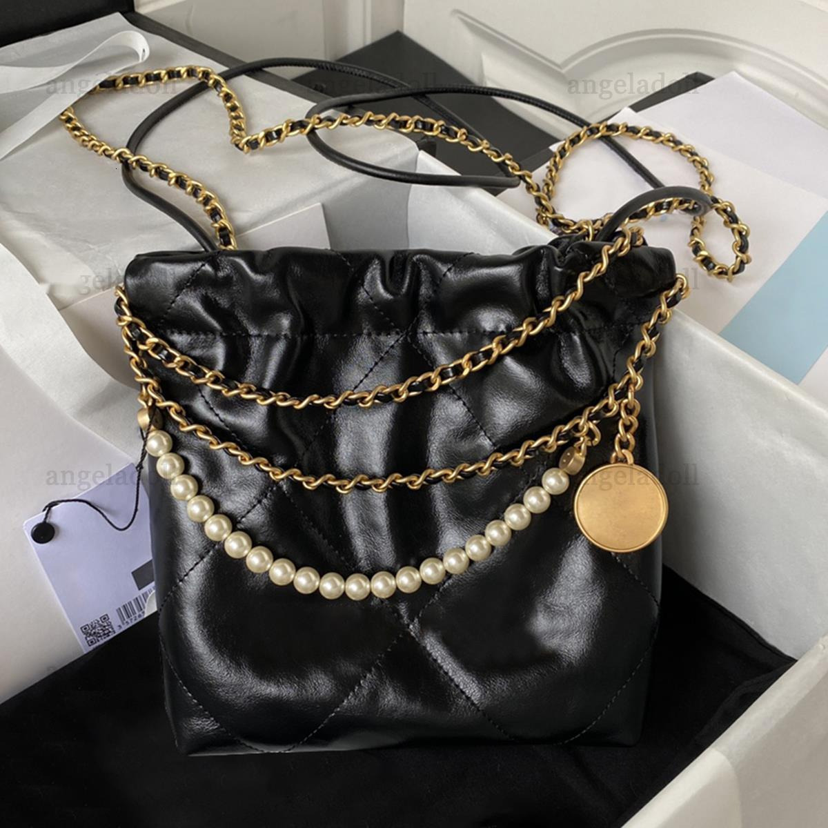 Mirror Quality Luxury Designers Bag Mini Pearl Bags 22 Handbag 20cm Shopping Calfskin Quilted Tote Black Purse Womens Shoulder Gold354