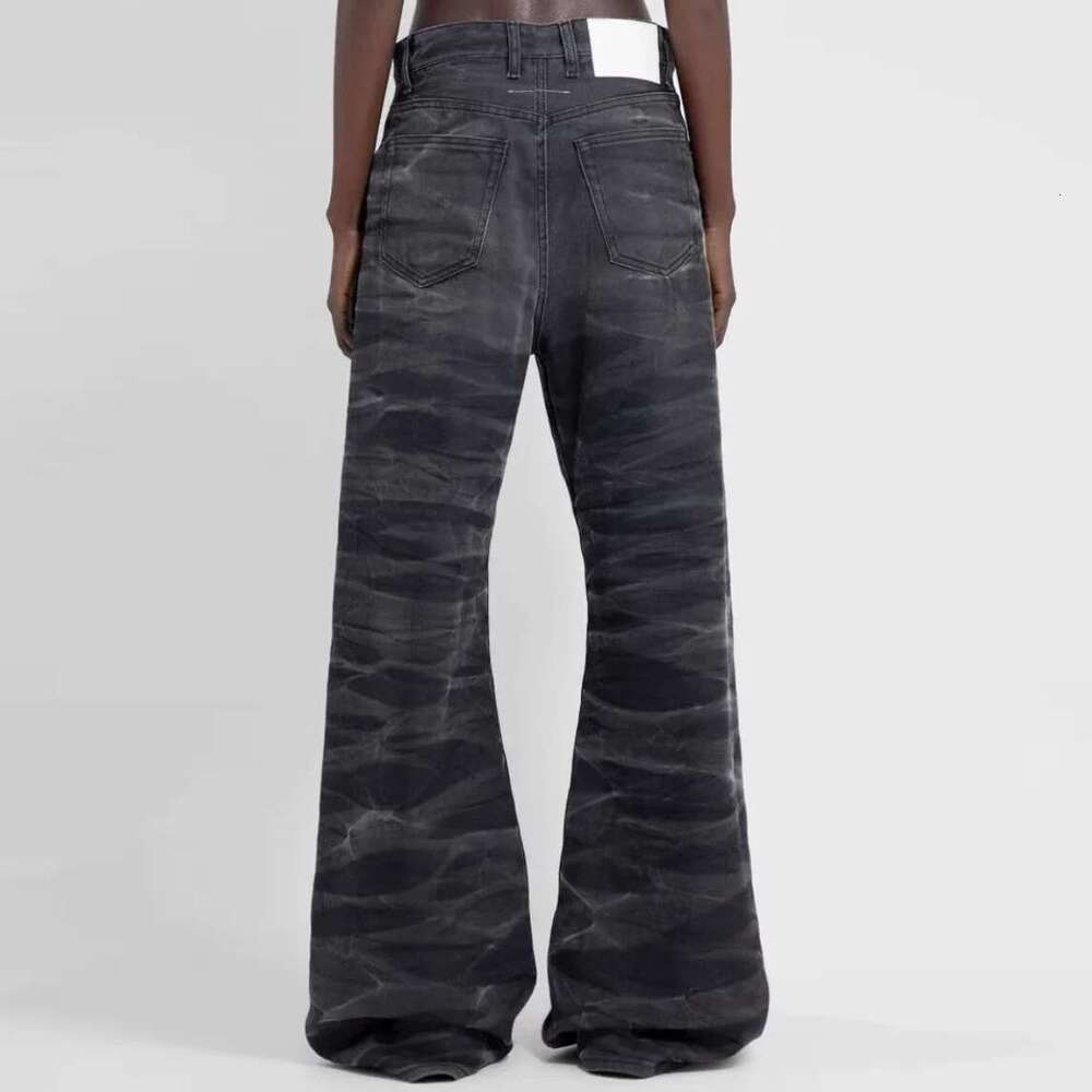 Streetwear Washed Water Wave Patterned Micro Flared Jeans For Men Straight Pantalones Hombre Casual Baggy Denim Trousers