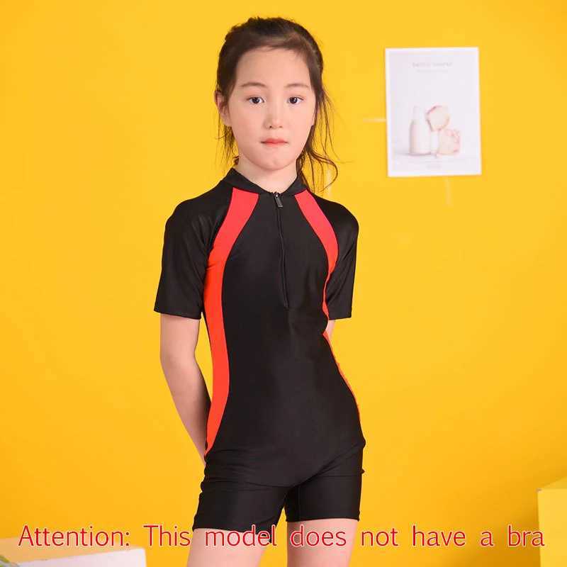 Kids Boys Girls One-piece Swimsuit Color Matching Short Sleeve Zipper Diving Suit Bathing Suit Elastic Quick-drying Swimwear Z250214