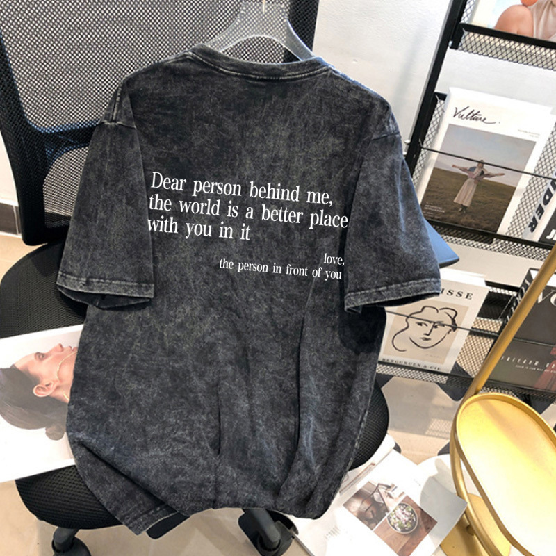 Designer's Summer New Loose Washed Old Cotton Short Sleeved Breathable Shirt, Dear Person Behind Me, Women's Printed T-shirt