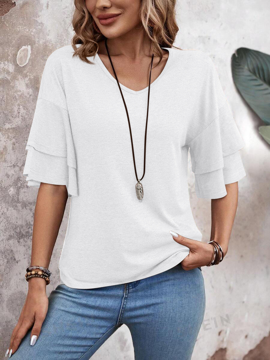 2025 Summer New Women's Solid Color V-neck Double Sleeve Loose T-shirt Short Sleeve Top
