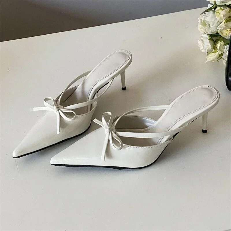 Elegant Thin High Heel Slide Sandals Fashion Butterfly-Knot Pointed Toe Women Slippers Sexy Party Dress Shoes Heels