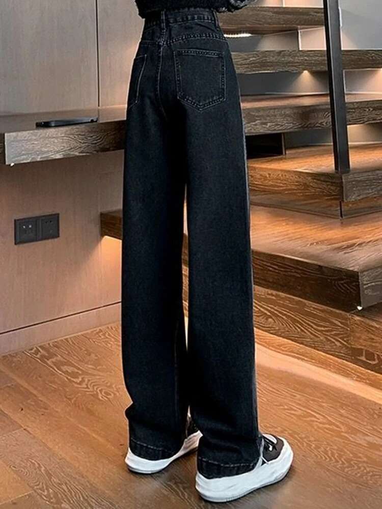 Woman Waist Jeans Lady American High Street Patchwork Straight Pants Black Gray Contrast Color Wide Leg Trousers