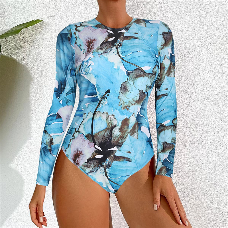 Women's Long Sleeve Bathing Suit One Piece Swimsuit Floral Print Swimwear high-neck rash guards