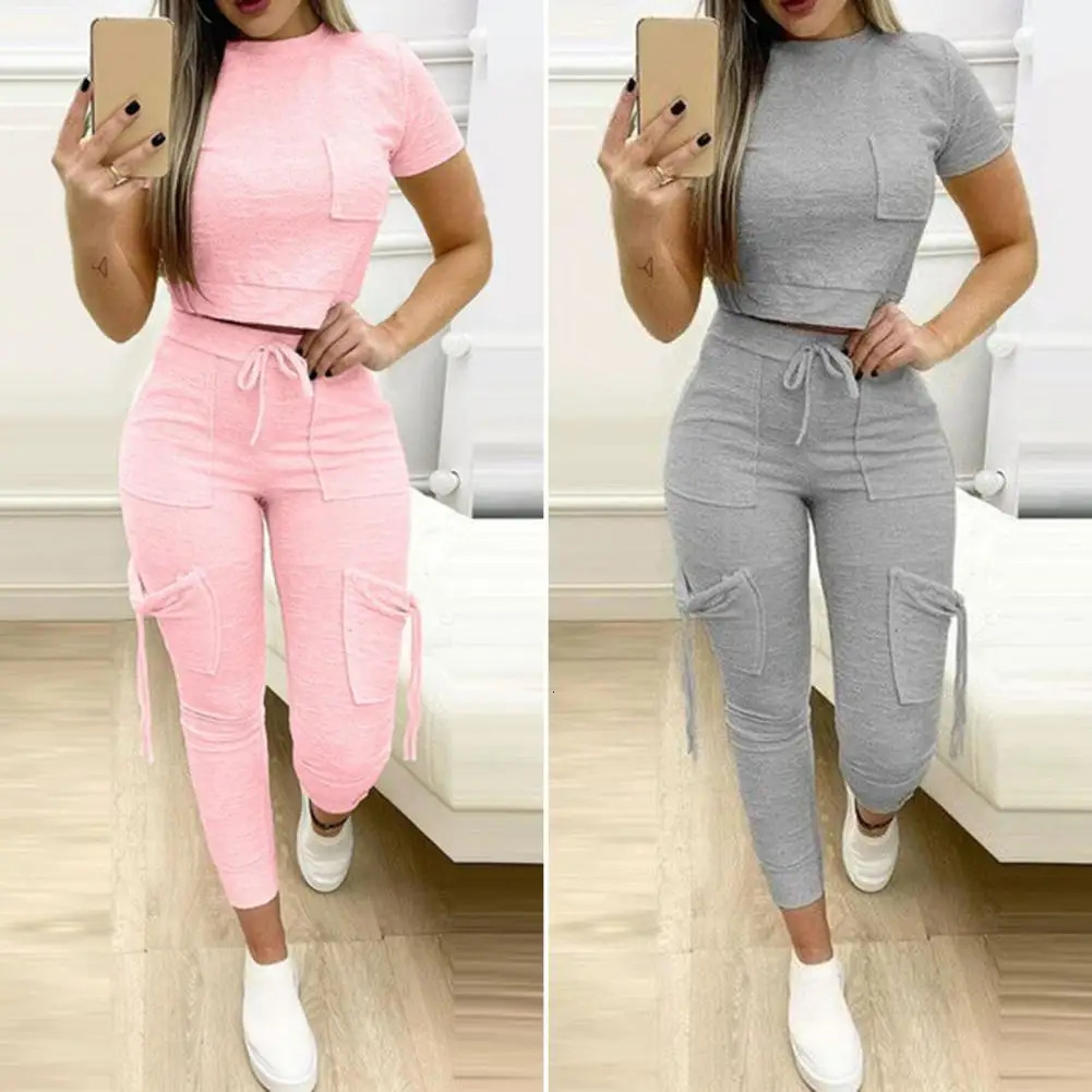 Women Sportswear Pocket Drawstring Matching Set Multicolor Slim Short Top Pencil Pants Ladies Outfit Summer Loungewear Suits 250210
